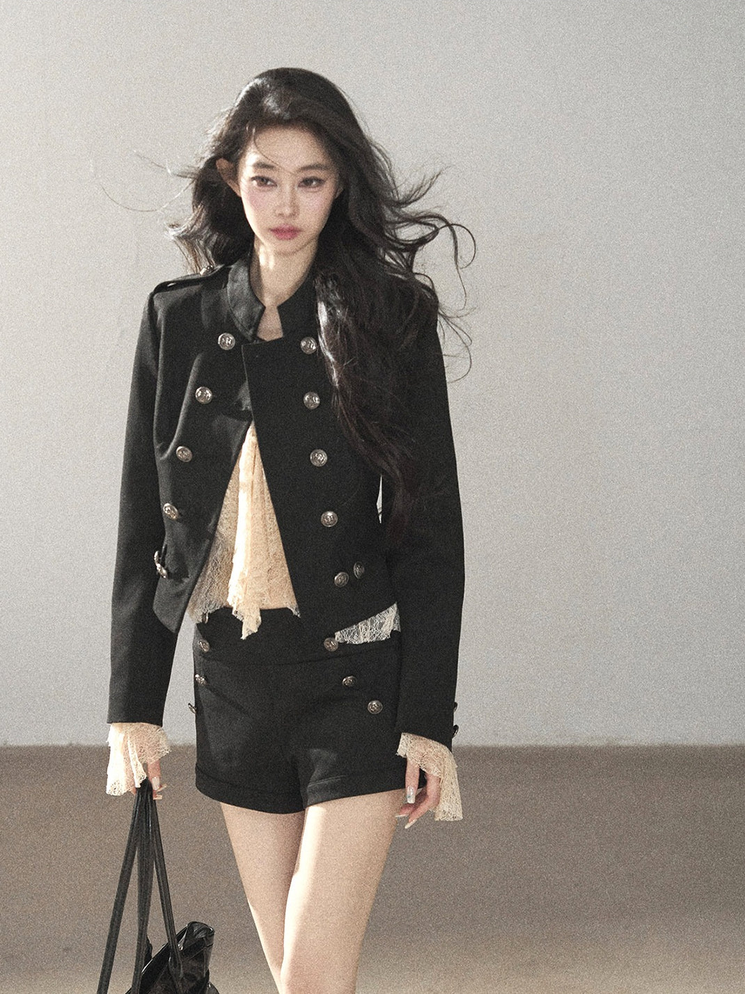 AOMALM - Black Napoleon-Style Jacket & Shorts Set with Milk Tea Top