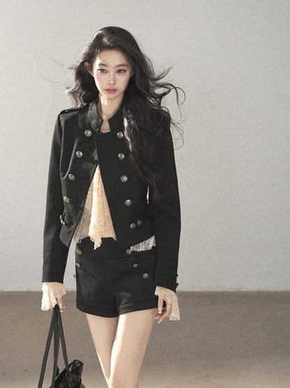 AOMALM - Black Napoleon-Style Jacket & Shorts Set with Milk Tea Top