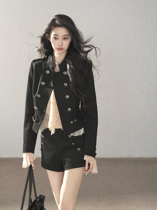 AOMALM - Black Napoleon-Style Jacket & Shorts Set with Milk Tea Top