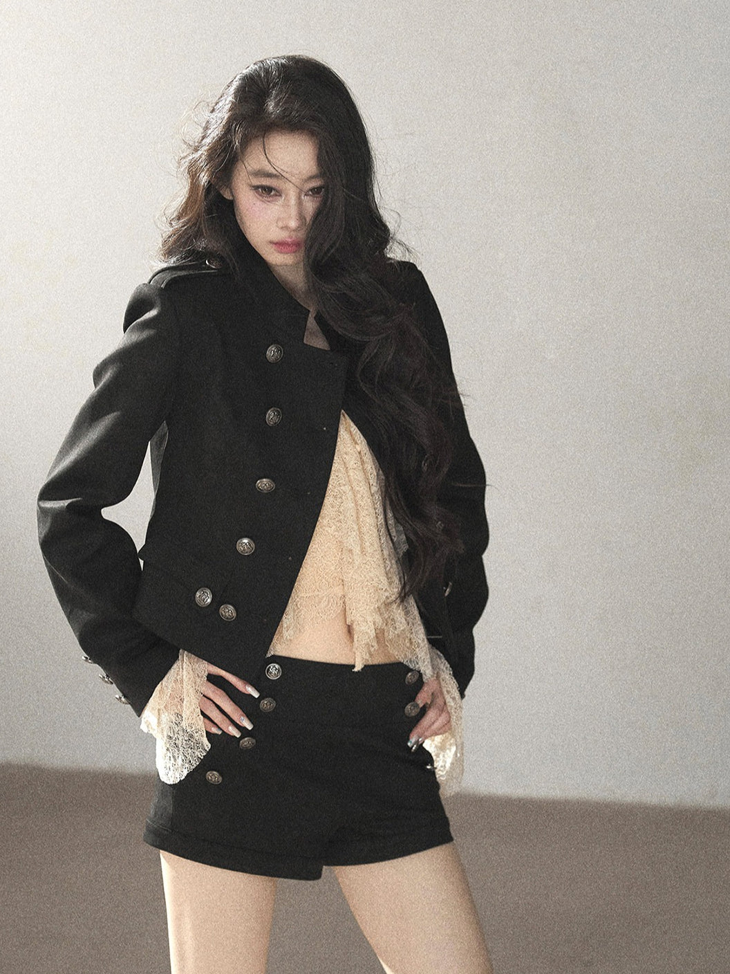 AOMALM - Black Napoleon-Style Jacket & Shorts Set with Milk Tea Top