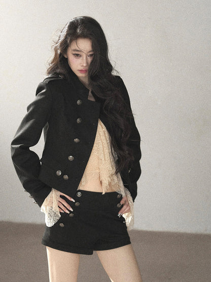 AOMALM - Black Napoleon-Style Jacket & Shorts Set with Milk Tea Top