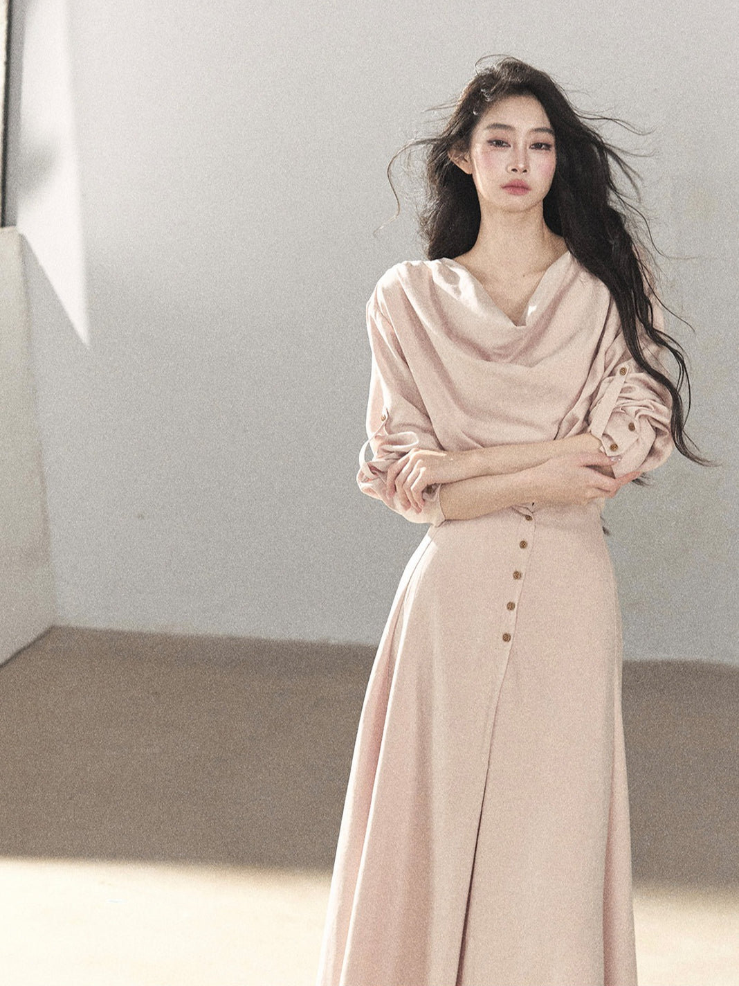 AOMALM - Cinnamon Pink Draped-Neck A-Line Maxi Dress