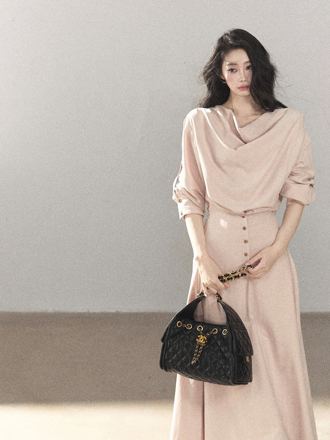 AOMALM - Cinnamon Pink Draped-Neck A-Line Maxi Dress