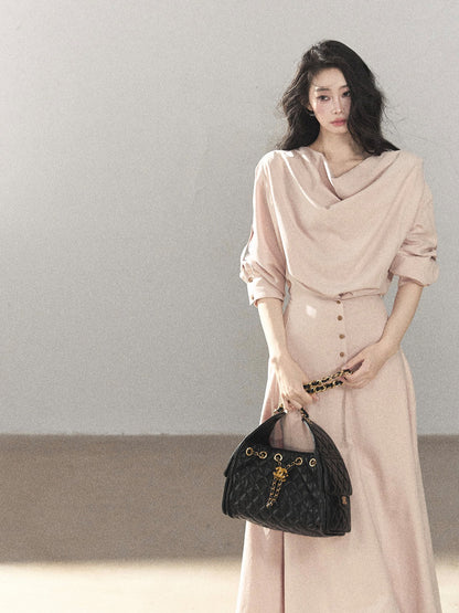 AOMALM - Cinnamon Pink Draped-Neck A-Line Maxi Dress