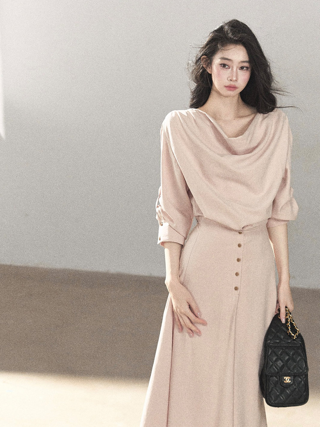 AOMALM - Cinnamon Pink Draped-Neck A-Line Maxi Dress