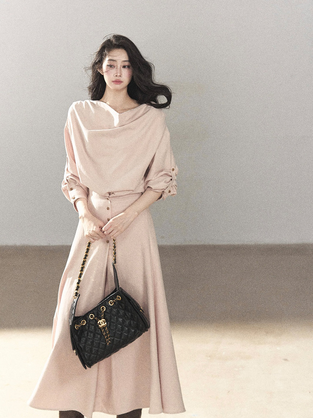 AOMALM - Cinnamon Pink Draped-Neck A-Line Maxi Dress
