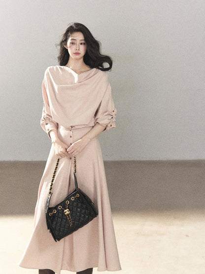 AOMALM - Cinnamon Pink Draped-Neck A-Line Maxi Dress