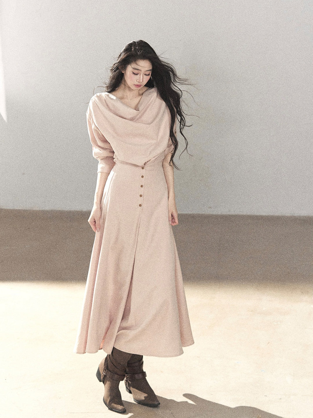 AOMALM - Cinnamon Pink Draped-Neck A-Line Maxi Dress