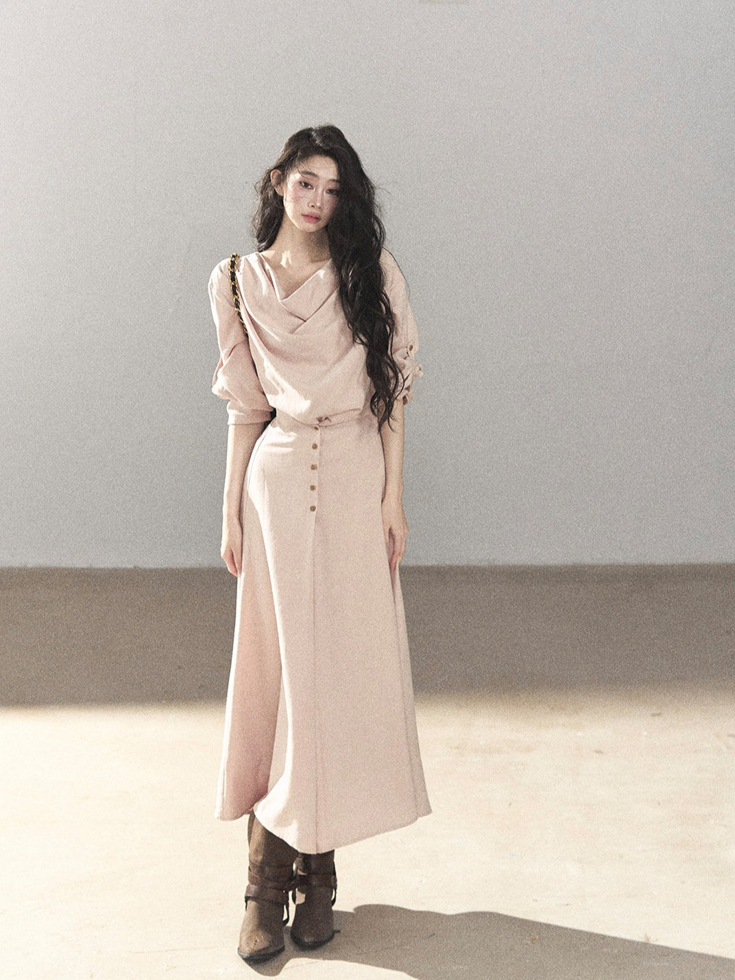 AOMALM - Cinnamon Pink Draped-Neck A-Line Maxi Dress