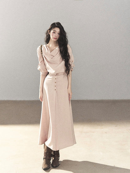 AOMALM - Cinnamon Pink Draped-Neck A-Line Maxi Dress