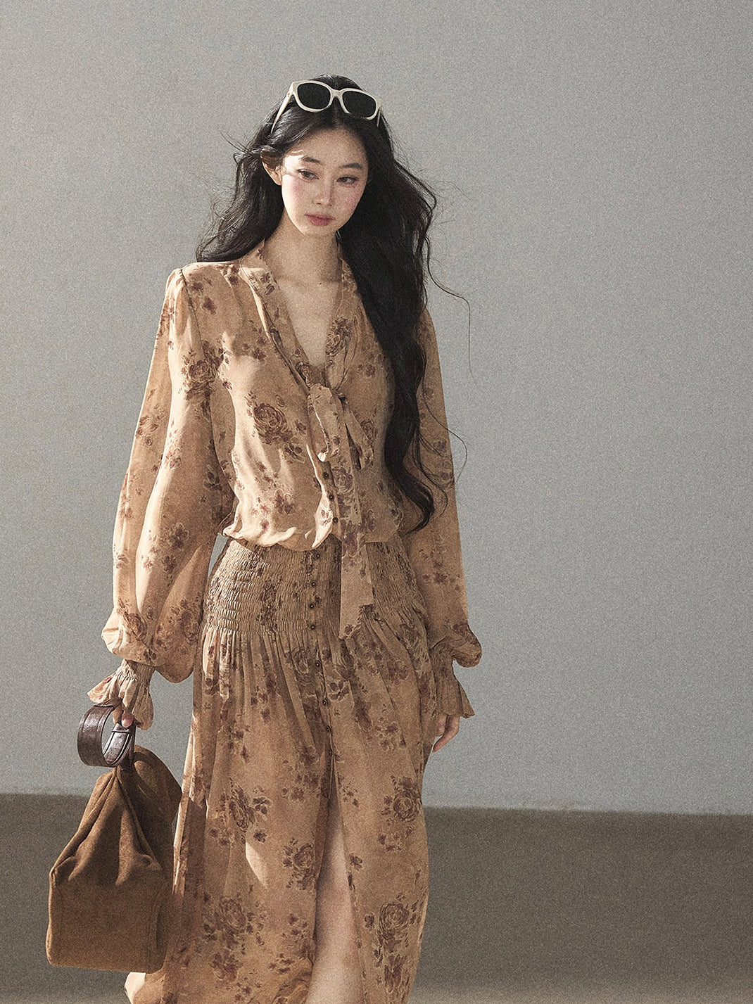 AOMALM - Oatmeal Rose-Print Chiffon Layered Maxi Dress Set