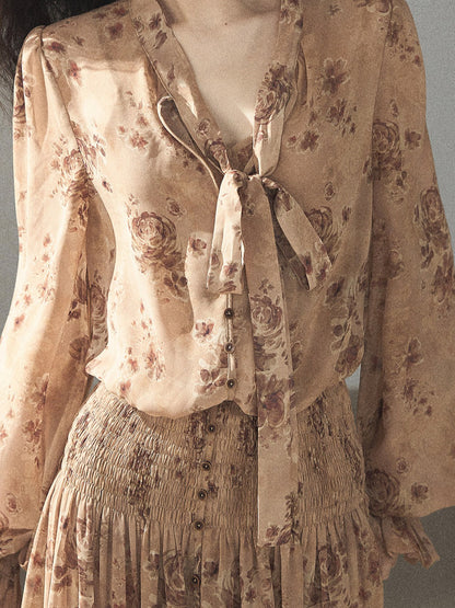 AOMALM - Oatmeal Rose-Print Chiffon Layered Maxi Dress Set