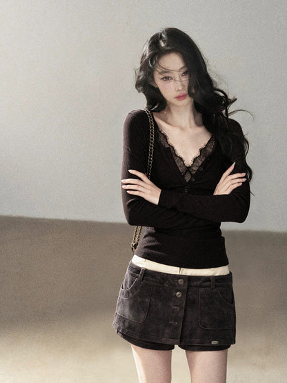AOMALM - Black Faux Two-Piece V-Neck Lace Long-Sleeve Top