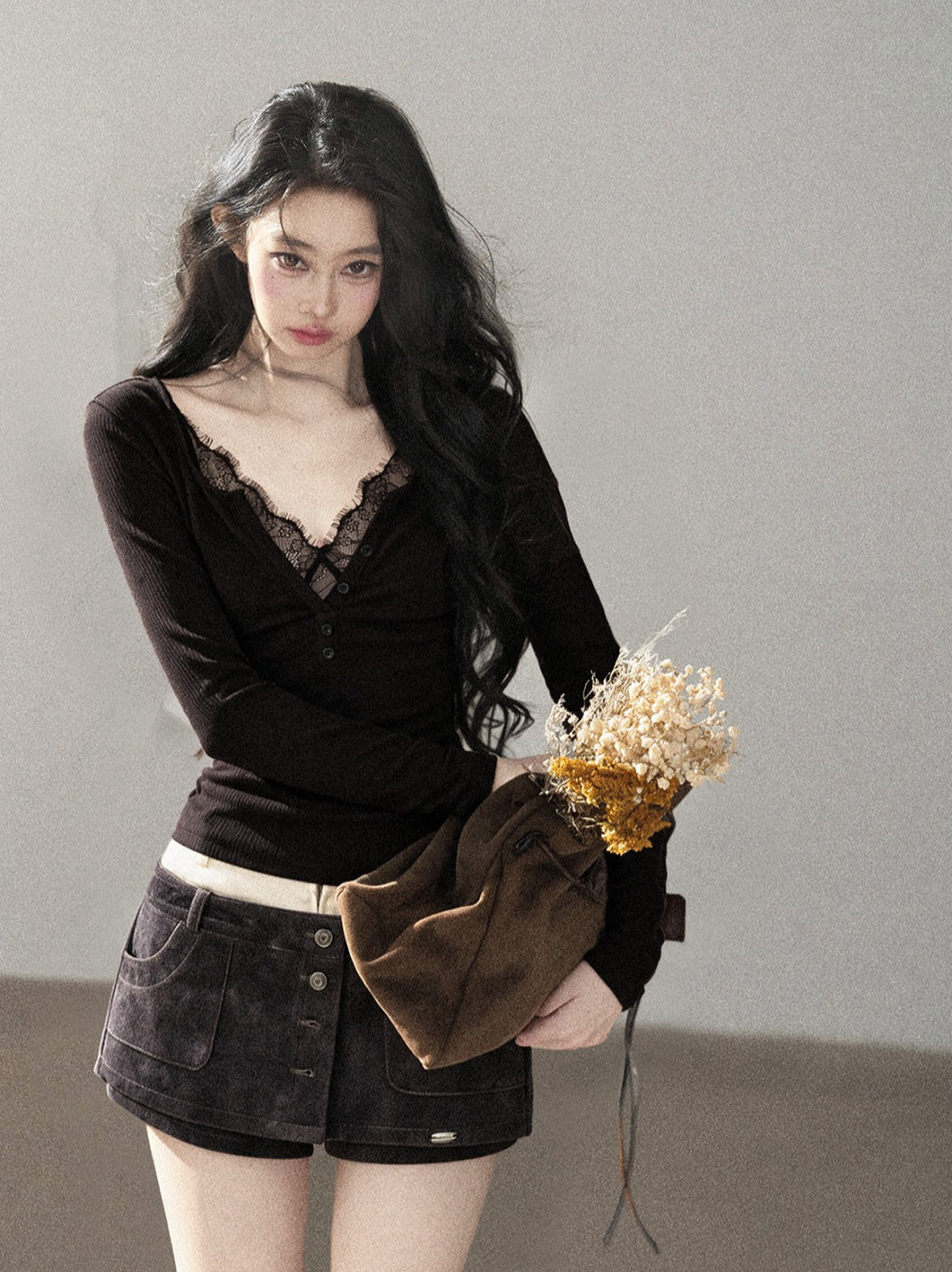 AOMALM - Black Faux Two-Piece V-Neck Lace Long-Sleeve Top