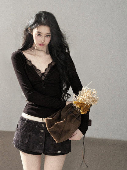 AOMALM - Black Faux Two-Piece V-Neck Lace Long-Sleeve Top
