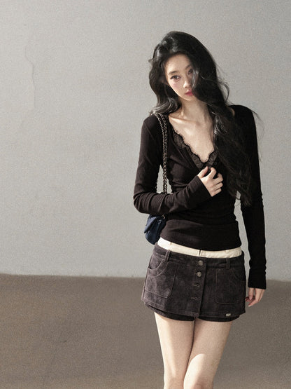 AOMALM - Black Faux Two-Piece V-Neck Lace Long-Sleeve Top