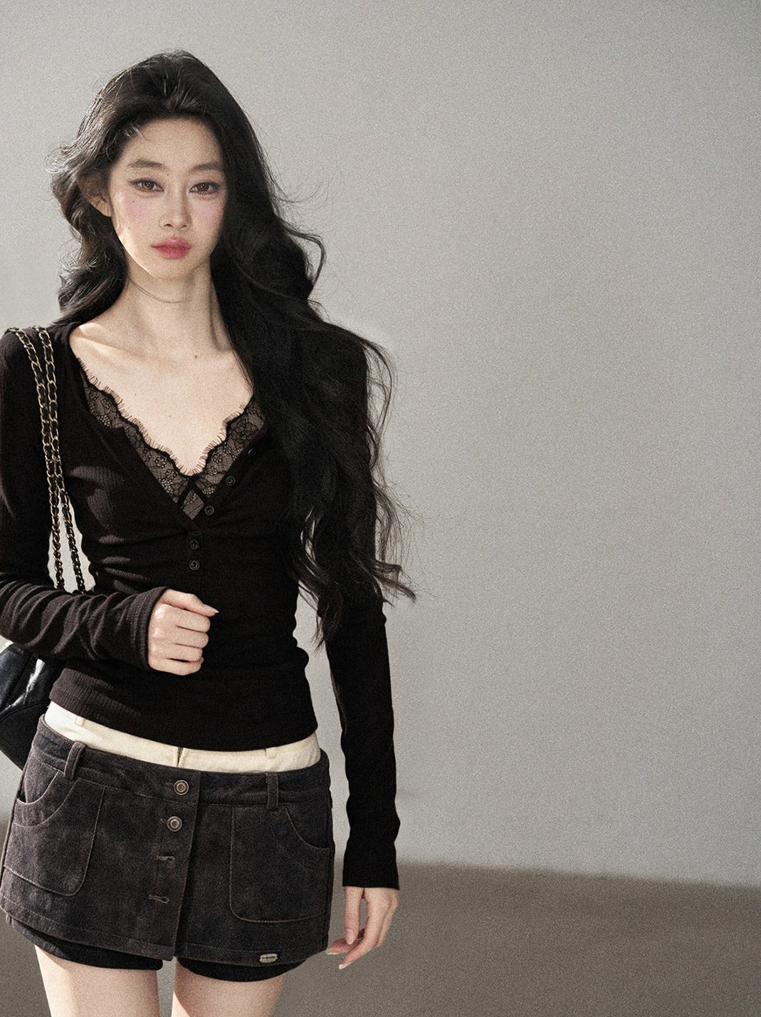 AOMALM - Black Faux Two-Piece V-Neck Lace Long-Sleeve Top