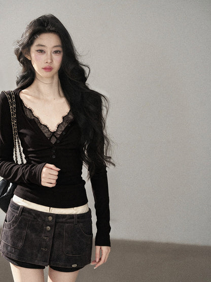 AOMALM - Black Faux Two-Piece V-Neck Lace Long-Sleeve Top
