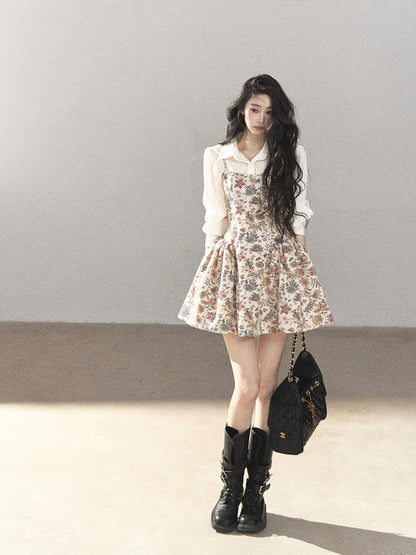 AOMALM - Dutch Cheese Floral Mini Dress & Creamy White Blouse Set