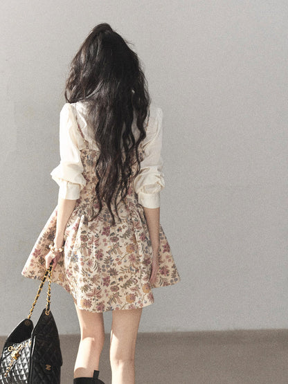 AOMALM - Dutch Cheese Floral Mini Dress & Creamy White Blouse Set