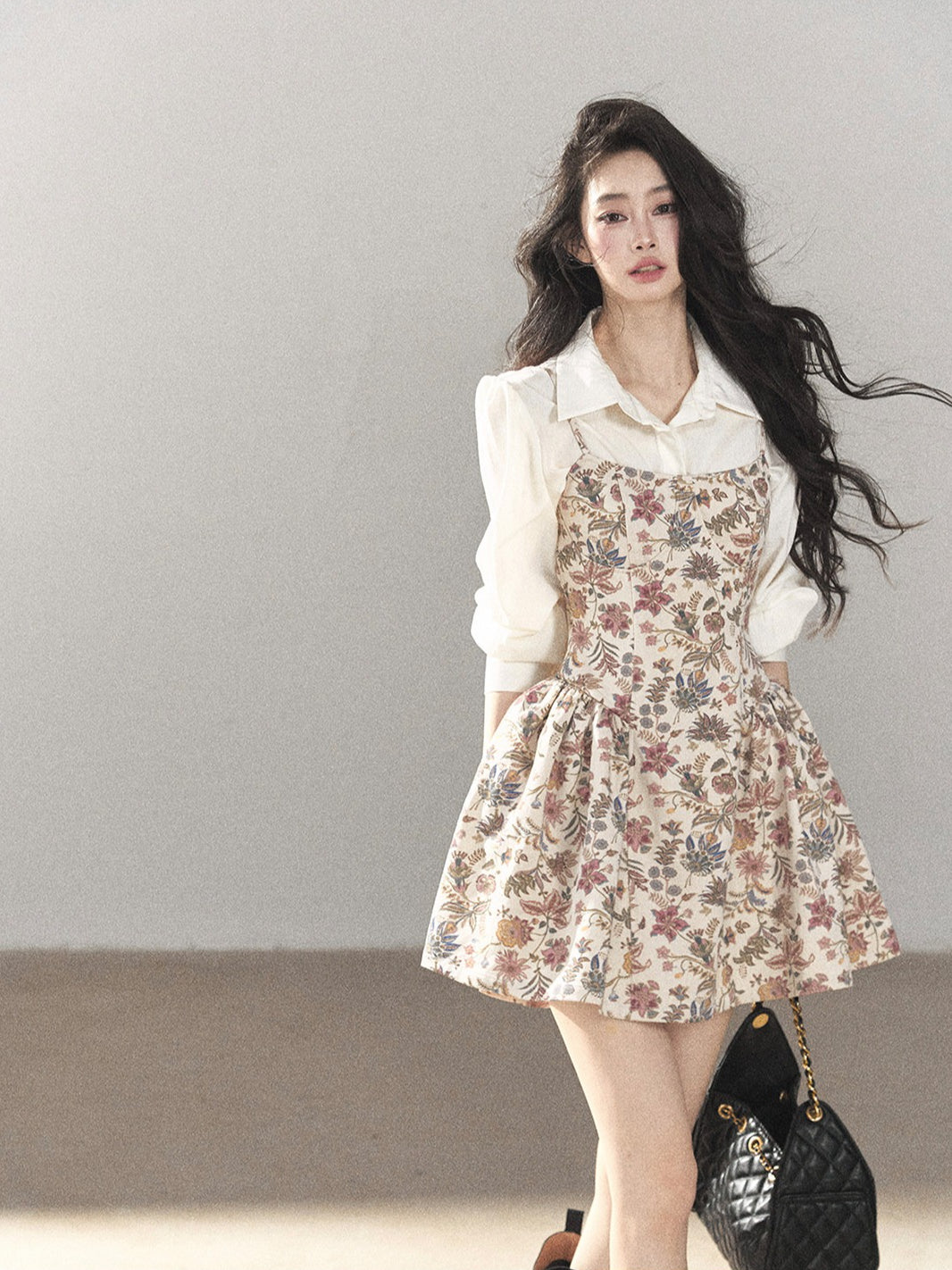 AOMALM - Dutch Cheese Floral Mini Dress & Creamy White Blouse Set