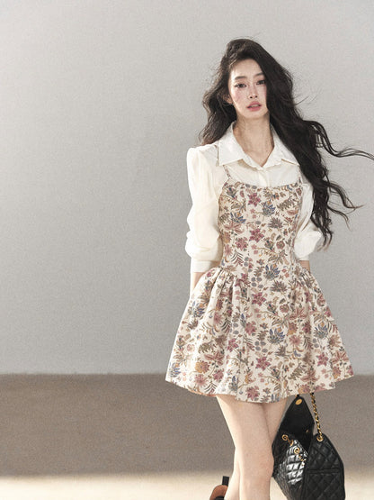 AOMALM - Dutch Cheese Floral Mini Dress & Creamy White Blouse Set