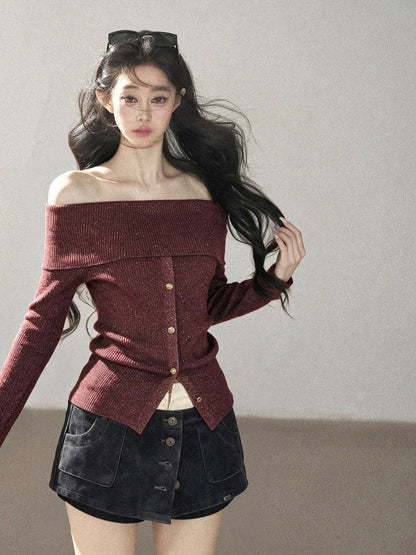 AOMALM - Vermilion Red Off-Shoulder Ribbed Knit Top with Flared Sleeves