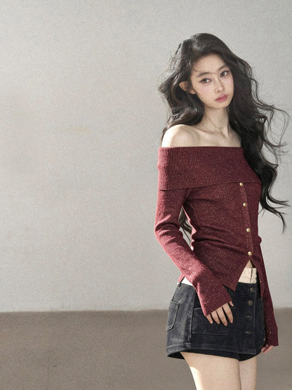 AOMALM - Vermilion Red Off-Shoulder Ribbed Knit Top with Flared Sleeves