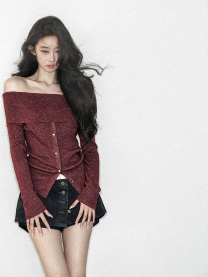 AOMALM - Vermilion Red Off-Shoulder Ribbed Knit Top with Flared Sleeves