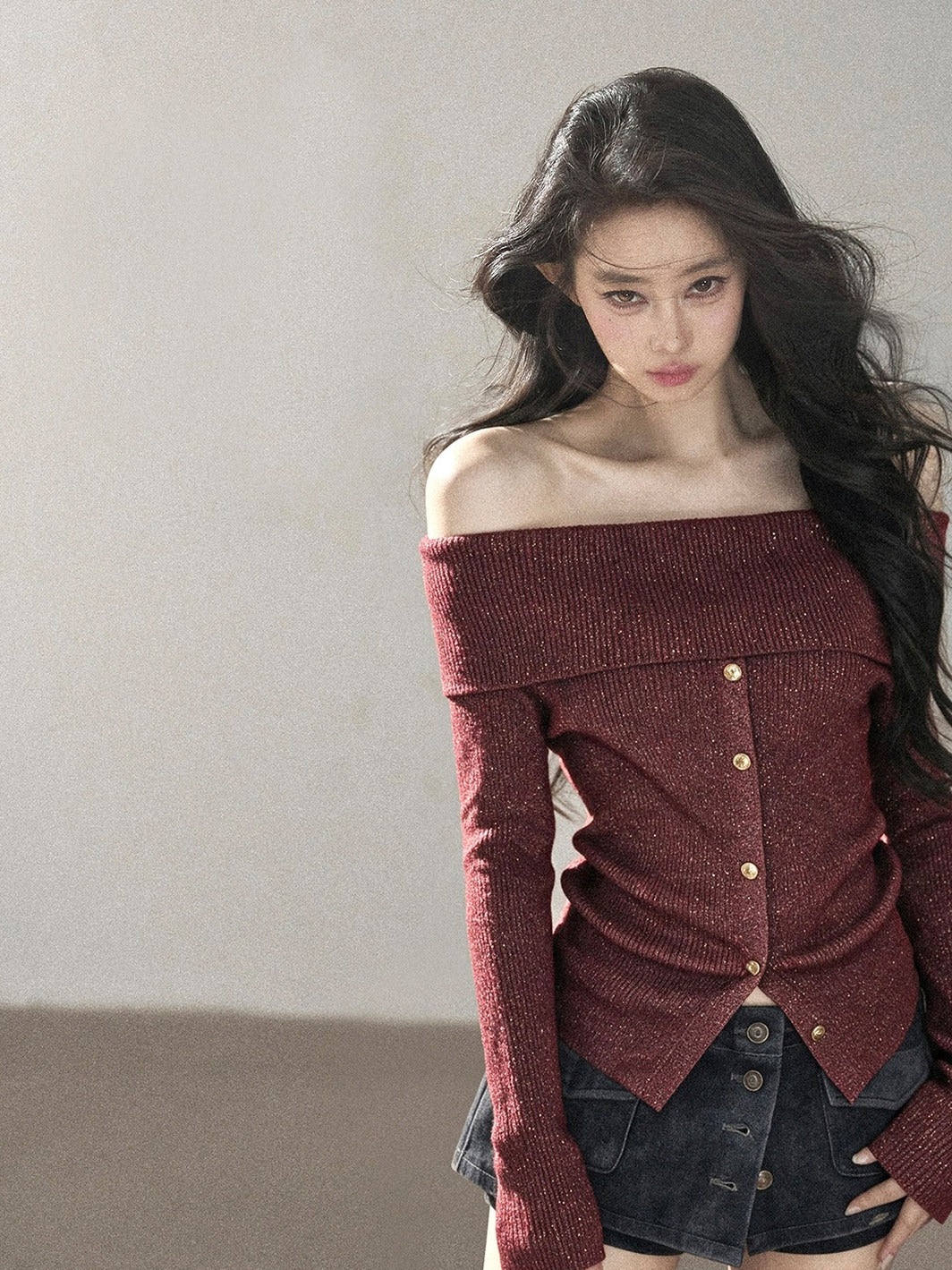 AOMALM - Vermilion Red Off-Shoulder Ribbed Knit Top with Flared Sleeves