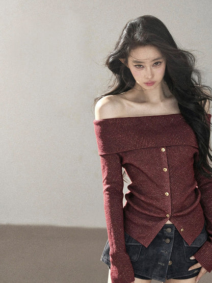 AOMALM - Vermilion Red Off-Shoulder Ribbed Knit Top with Flared Sleeves