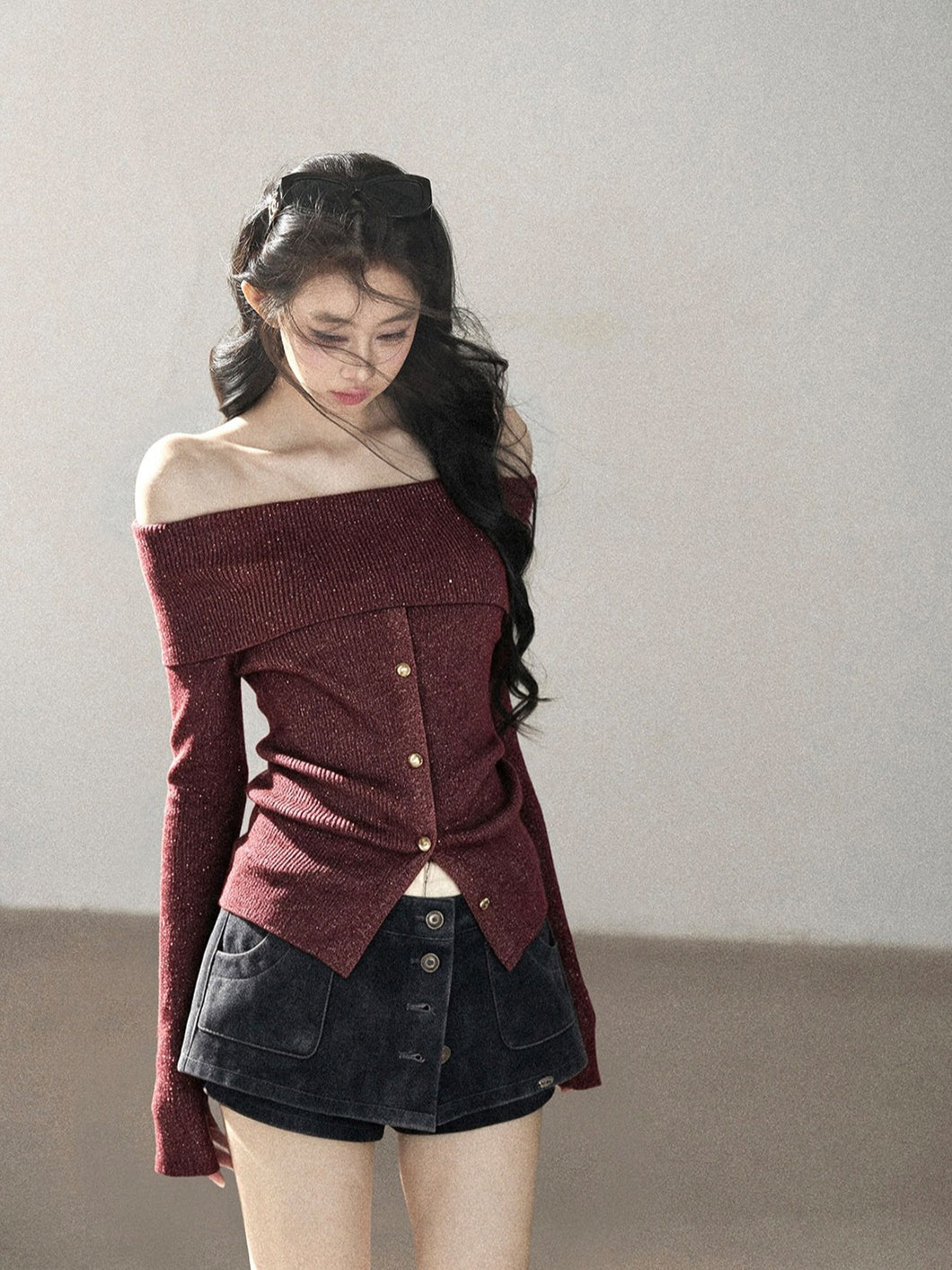 AOMALM - Vermilion Red Off-Shoulder Ribbed Knit Top with Flared Sleeves