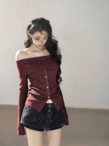 AOMALM - Vermilion Red Off-Shoulder Ribbed Knit Top with Flared Sleeves
