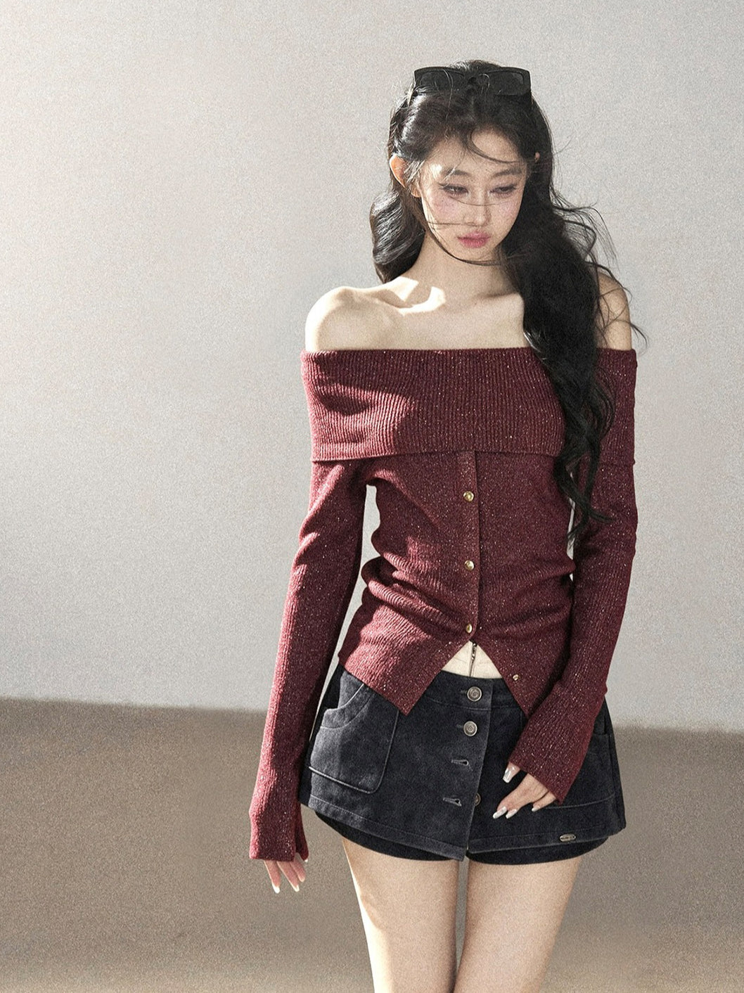 AOMALM - Vermilion Red Off-Shoulder Ribbed Knit Top with Flared Sleeves