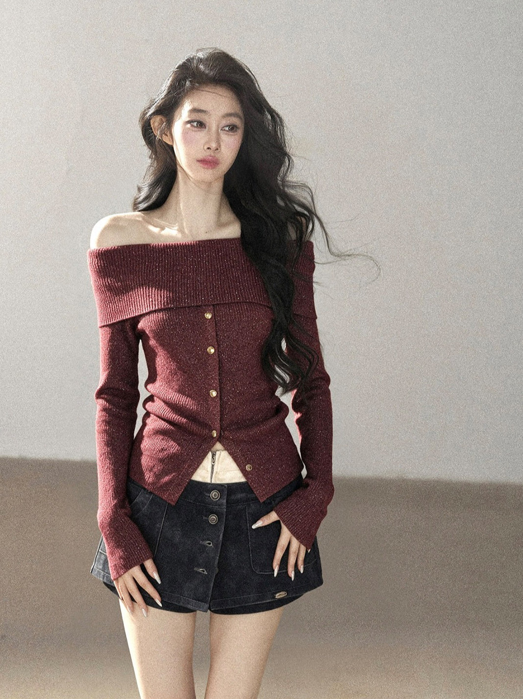 AOMALM - Vermilion Red Off-Shoulder Ribbed Knit Top with Flared Sleeves