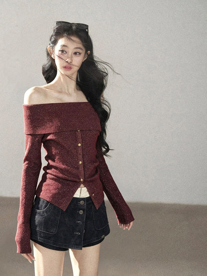 AOMALM - Vermilion Red Off-Shoulder Ribbed Knit Top with Flared Sleeves