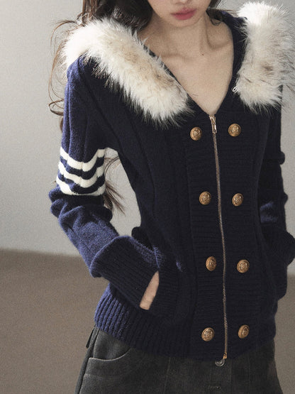 AOMALM - Blue Hooded Cable-Knit Sweater Jacket with White Stripes
