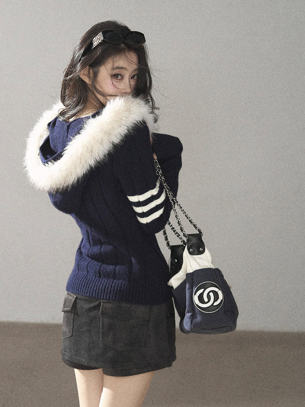 AOMALM - Blue Hooded Cable-Knit Sweater Jacket with White Stripes