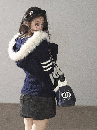 AOMALM - Blue Hooded Cable-Knit Sweater Jacket with White Stripes