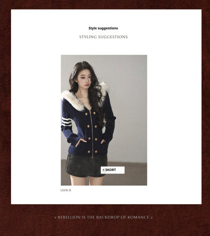 AOMALM - Blue Hooded Cable-Knit Sweater Jacket with White Stripes