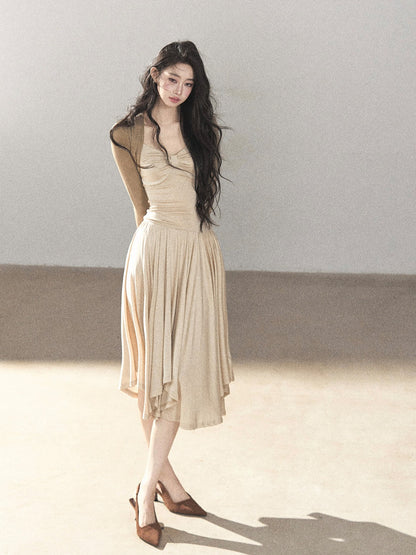 AOMALM - Light Sand Faux Two-Piece Midi Dress with Draped Shawl