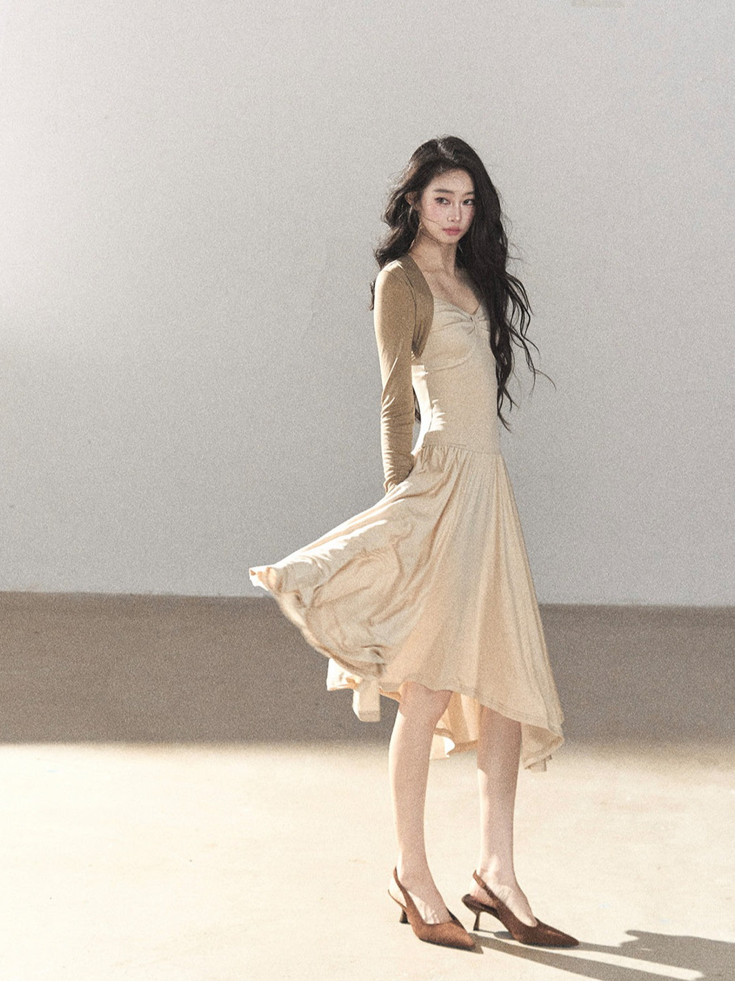 AOMALM - Light Sand Faux Two-Piece Midi Dress with Draped Shawl