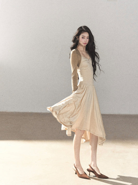AOMALM - Light Sand Faux Two-Piece Midi Dress with Draped Shawl