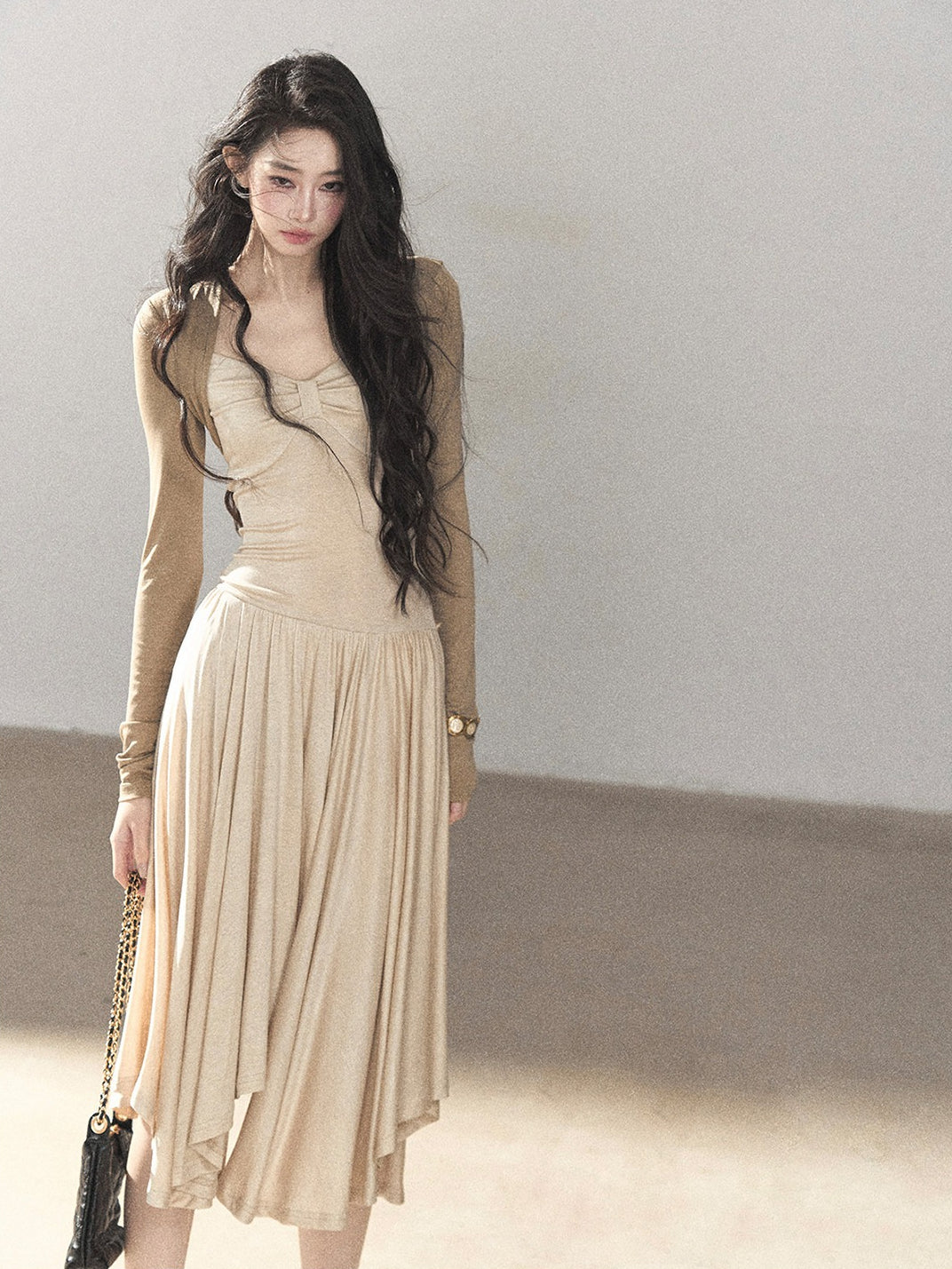 AOMALM - Light Sand Faux Two-Piece Midi Dress with Draped Shawl