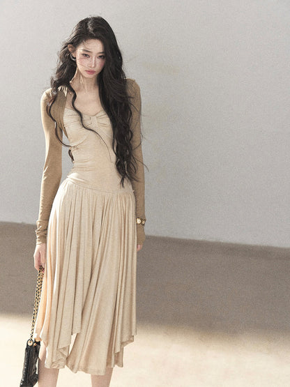 AOMALM - Light Sand Faux Two-Piece Midi Dress with Draped Shawl