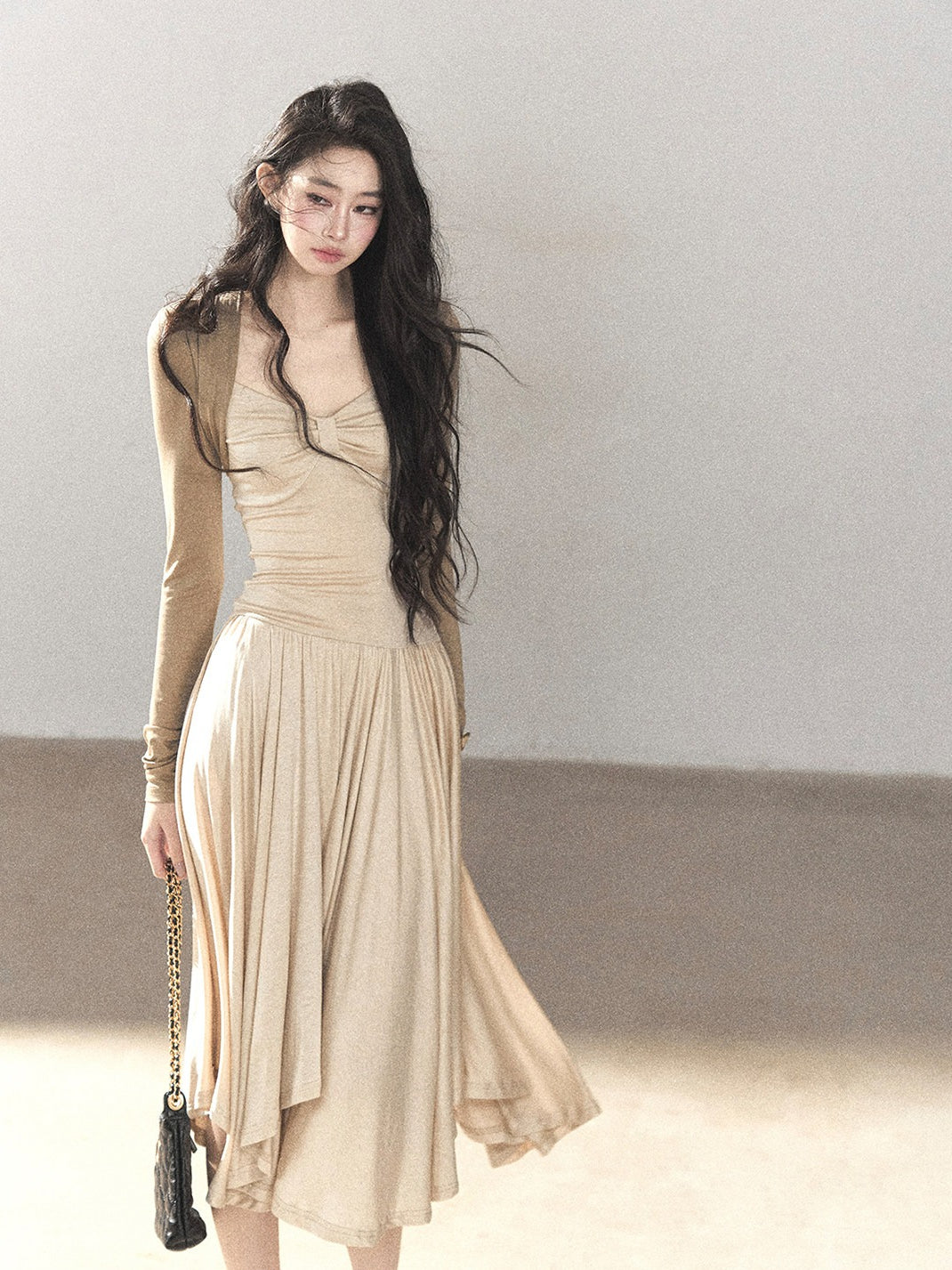 AOMALM - Light Sand Faux Two-Piece Midi Dress with Draped Shawl