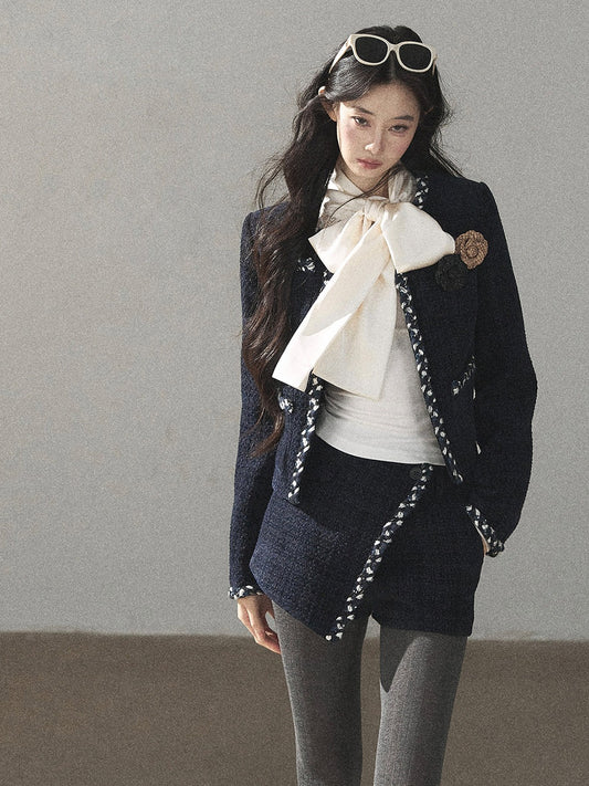 AOMALM - Navy Tweed Jacket & Skort Set with Dutch Cheese Top