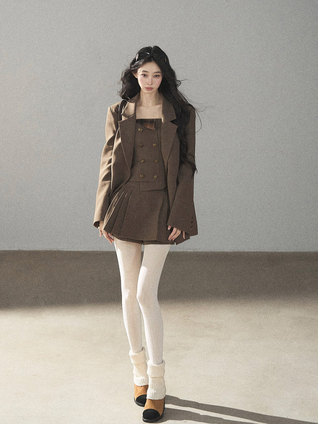 AOMALM - “Evening Breeze in the Valley” Chestnut Brown Blazer, Cami & Pleated Skort Set