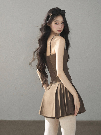 AOMALM - “Evening Breeze in the Valley” Chestnut Brown Blazer, Cami & Pleated Skort Set