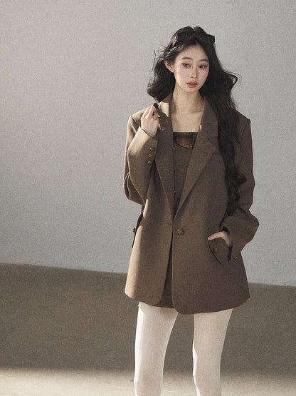 AOMALM - “Evening Breeze in the Valley” Chestnut Brown Blazer, Cami & Pleated Skort Set